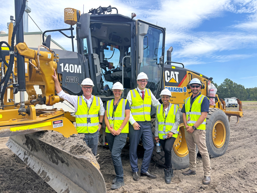 The Newcastle Airport team are celebrating the start of the airfield reconfiguration works. (L-R) Newcastle Airport: Executive GM Planning & Infrastructure Ben Kochanski, Contracts Manager Catherine Gumley, Interim CEO Andrew Warrender, Senior Program Manager Raquel James-Wright, Project Manager Alistair Graham.